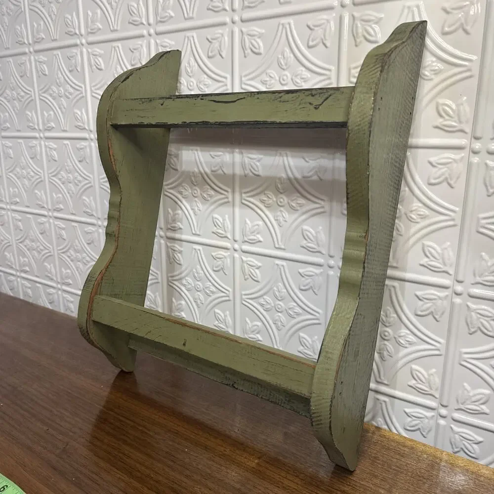 Arts Crafts Scroll Side 2-Tier Wood Wall Rack Shelf Linen/Towel Distressed Green